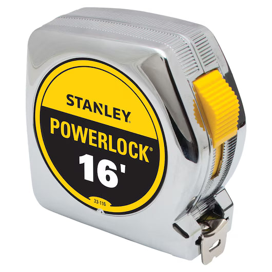 The STANLEY 16 ft PowerLock® Tape Measure features a shiny metal case, yellow 16 label, and a yellow side thumb lock—built for durable, reliable measuring.