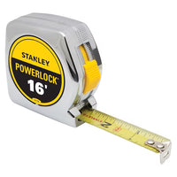The STANLEY 16 ft PowerLock® Tape Measure features a durable chrome case and a yellow tape thats clearly marked with black and red measurement lines and numbers.