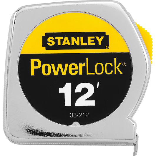 The STANLEY PowerLock® Tape Measure features a 1/2 x 12 metal case and a Tru-Zero end hook for accurate measurements, with a chrome finish and yellow and black branding.