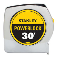 The STANLEY 30 ft PowerLock® Tape Measure with BladeArmor® features a silver body, black and yellow label, side yellow sliding button, and a durable BladeArmor® coating for extra protection.