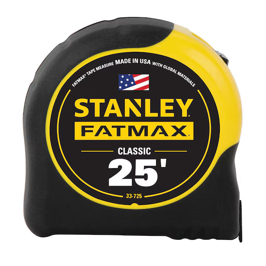 The 25 ft STANLEY® FATMAX® Classic Tape Measure features a durable black and yellow case, an American flag, and the label MADE IN USA WITH GLOBAL MATERIALS for dependable performance.