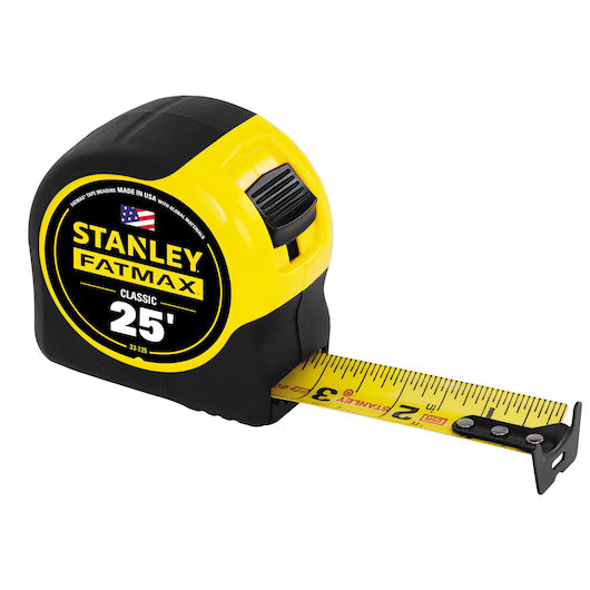 The 25 ft STANLEY® FATMAX® Classic Tape Measure by STANLEY features a durable yellow and black casing and a yellow blade with clear black and red markings for easy measurements.