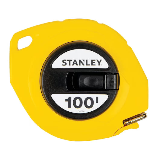 A STANLEY 3/8 in x 100 ft Closed Case Long Tape in bright yellow features a black and white label on the front marked “100” to show its 100-foot measuring length.