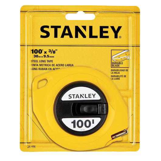A STANLEY 3/8 in x 100 ft Closed Case Long Tape in yellow packaging, with bold black and white labeling and product details on a yellow background.