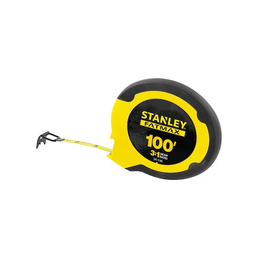 The STANLEY® FATMAX® 100 ft Steel Long Tape, in yellow and black, features clear branding and measurement details on its round case—a durable tool for precise measurements.