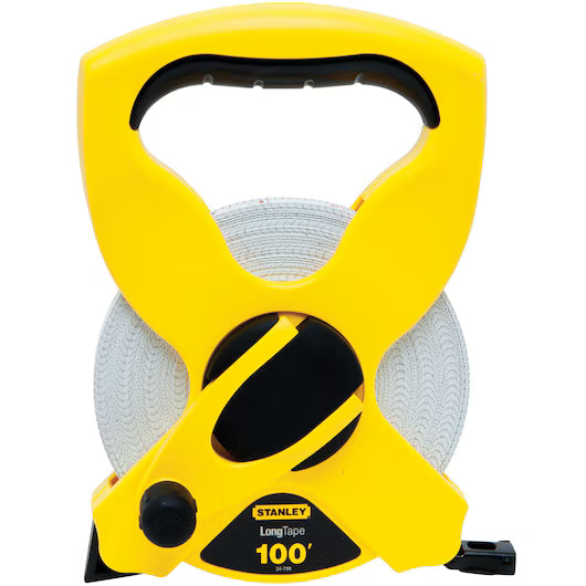 The STANLEY 100 ft Fiberglass Long Tape features a yellow and black plastic open-frame case with handle and winding mechanism, making it a reliable, durable measuring tool for construction tasks.