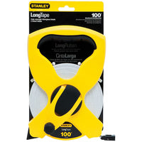 The STANLEY 100 ft Fiberglass Long Tape features a large open-frame yellow casing with a black handle and crank, and comes packaged in signature black and yellow branding.