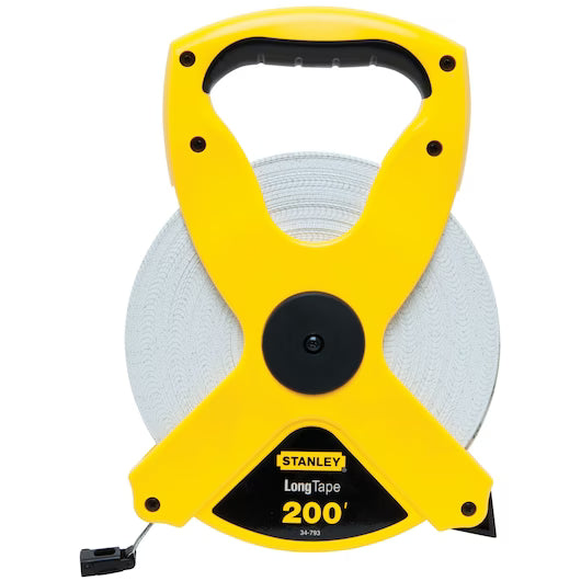 The STANLEY 1/2 in x 200 ft Open Reel Fiberglass Long Tape features a durable yellow and black design with a handle and winding mechanism, making it perfect for precise and easy measurements on any project.