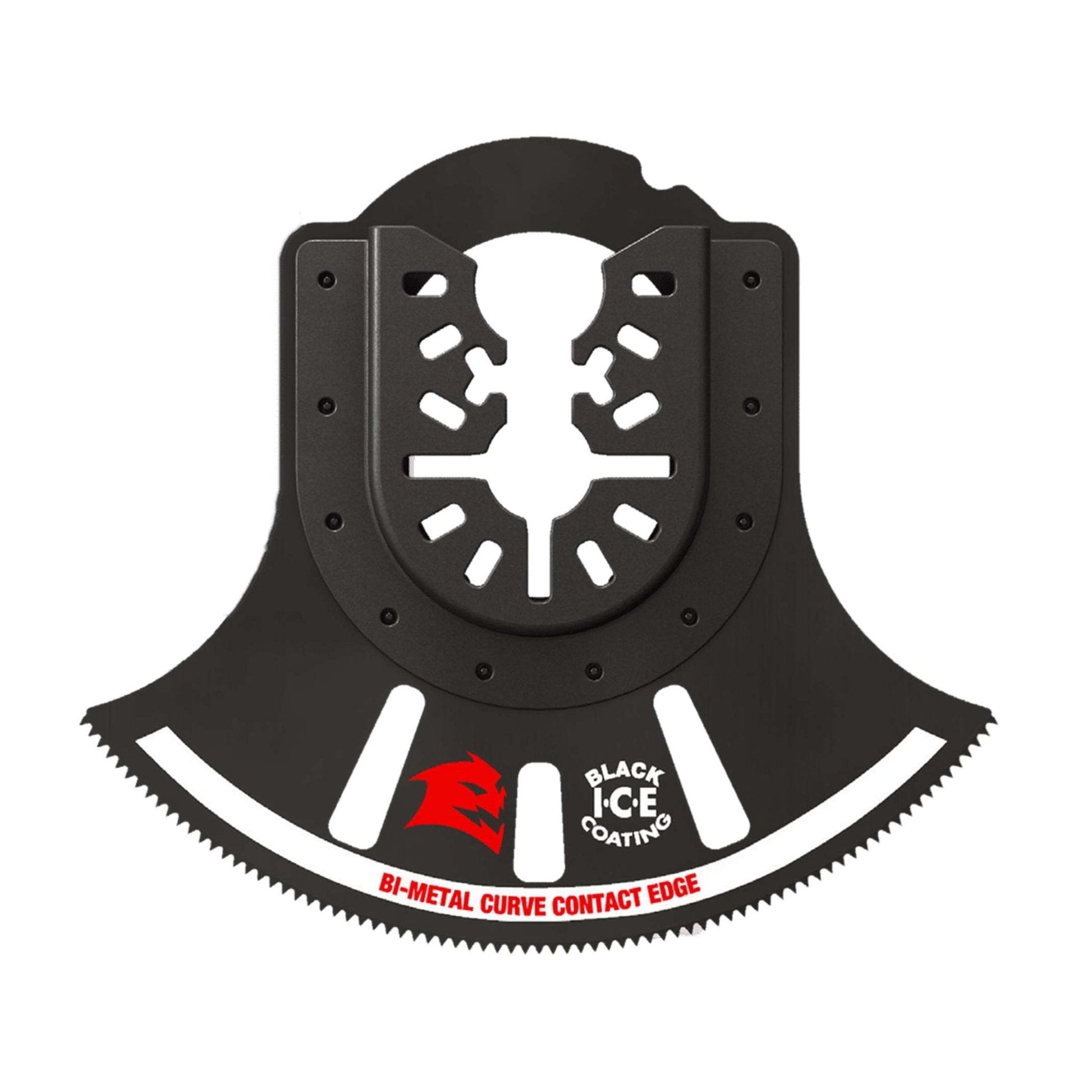 The Diablo DOU350RBGP Demo Demon™ blade features a black curved contact edge with a toothed, ultra-hardened cutting surface. It also displays the red and white BLACK ICE COATING and BI-METAL CURVE CONTACT EDGE logos, ensuring it fits all bi-metal oscillating tools.