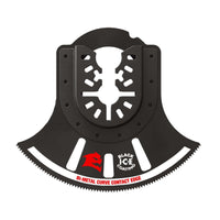 The Diablo DOU350RBGP Demo Demon™ blade features a black curved contact edge with a toothed, ultra-hardened cutting surface. It also displays the red and white BLACK ICE COATING and BI-METAL CURVE CONTACT EDGE logos, ensuring it fits all bi-metal oscillating tools.