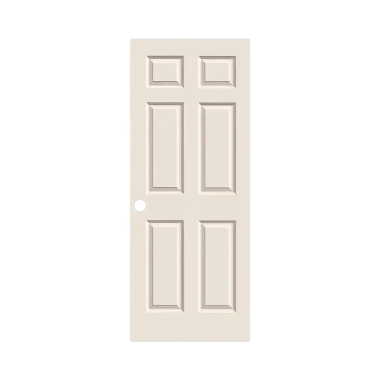 A 36 in. x 80 in. Colonist 6 Panel Primed Textured MDF Hollow-Core Door Slab by Go Build, The Fastest Way To Build, with a classic design and knob hole, is shown against a plain white background.