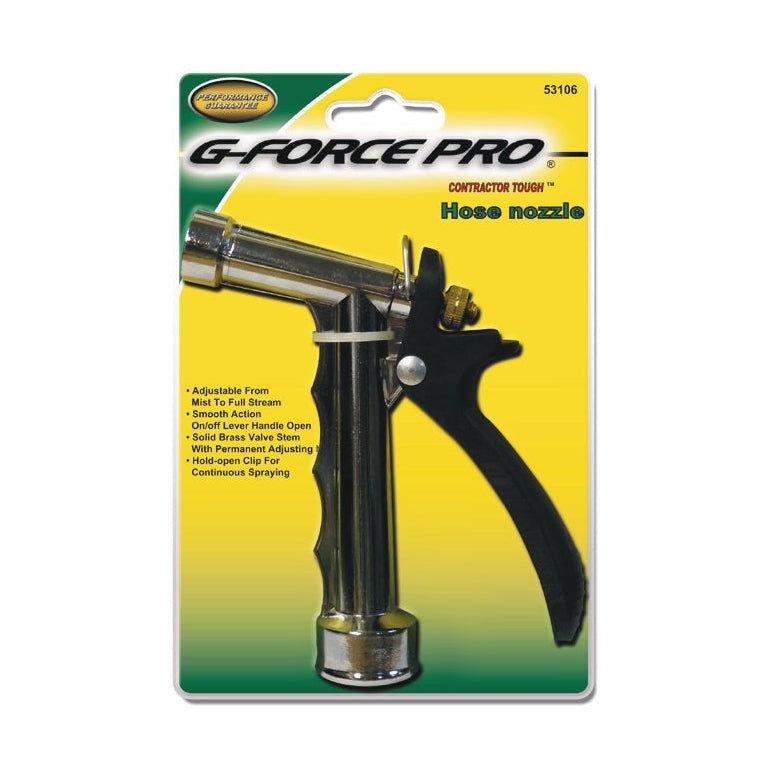 The G FORCE 53106 Zinc Pistol Grip Hose Nozzle features a brass stem and metal/black plastic handle in sealed, carded packaging. Highlights include adjustable spray, continuous spraying, and contractor-grade durability.