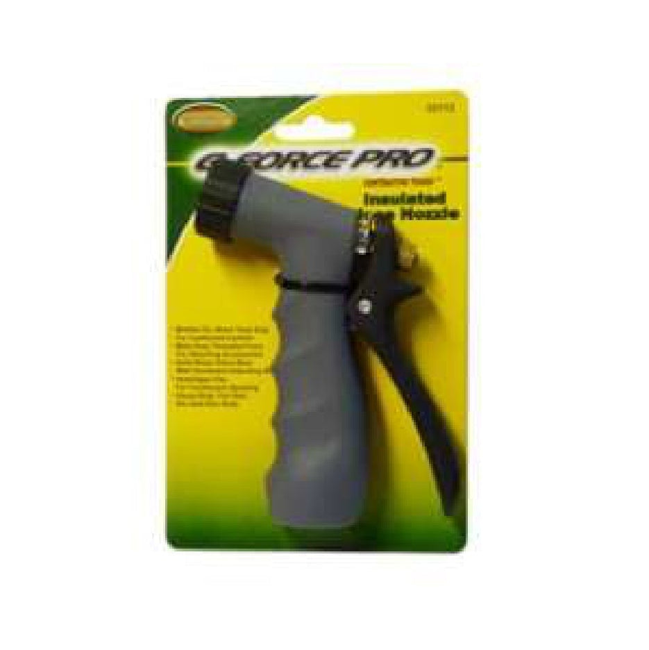 A gray and black G FORCE G-FORCE 53112 Pistol Grip Insulated Hose Nozzle with threaded front and brass stem is attached to yellow and green Force Pro packaging, with product details on the left side.