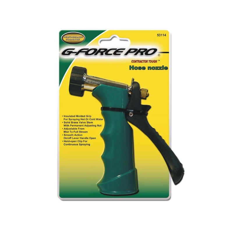 The G-FORCE 53114 Insulated Pistol Grip Hose Nozzle by G FORCE features a green handle, black trigger, threaded front brass valve, and an adjustable spray nozzle for hot or cold water—ideal for contractor use.