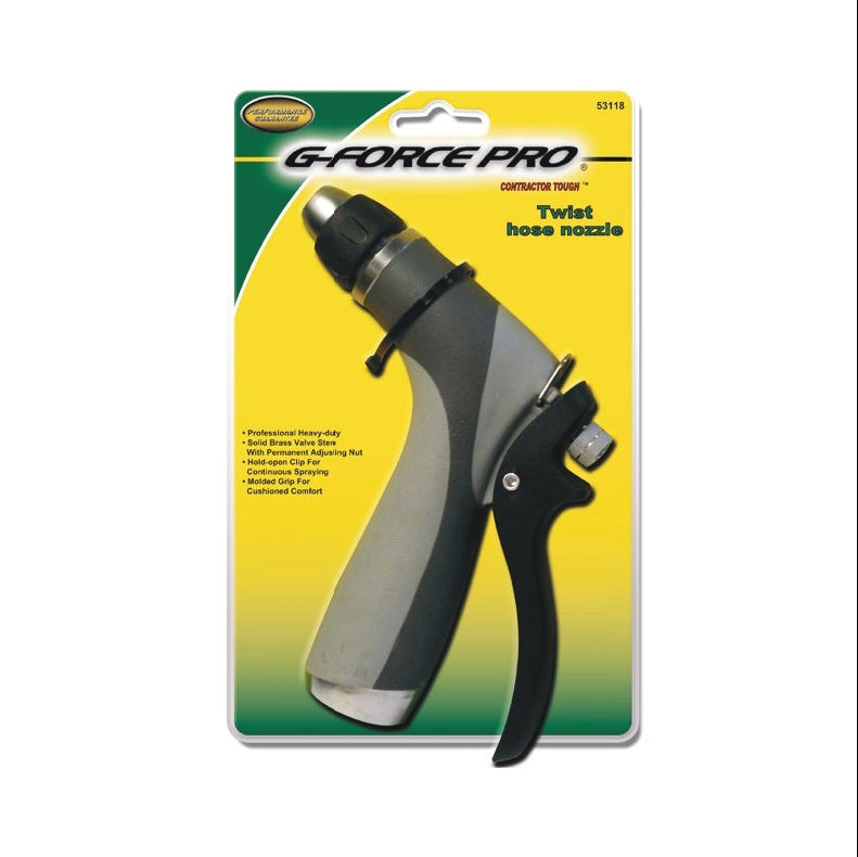 A G FORCE 53118 Pistol Grip Hose Nozzle With Twist Tip is shown in its carded packaging, which displays yellow and green colors and highlights features like a heavy-duty design and cushioned comfort grip.