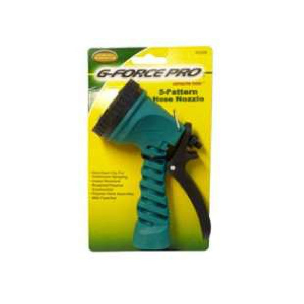 The G FORCE 53120 7 Pattern Poly Hose Nozzle with rear trigger is carded, features durable poly construction, and comes in packaging with a yellow and green background displaying product information.
