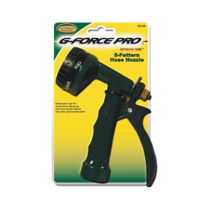 The G FORCE 53124 5 Pattern Metal Hose Nozzle with rear trigger, carded in yellow packaging, features a black grip and adjustable spray head, designed for professional contractor watering.