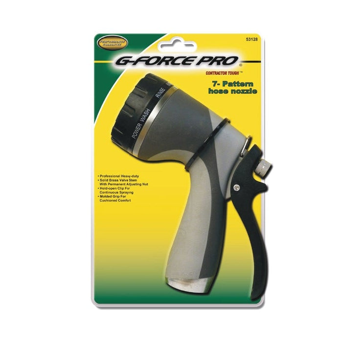 The G FORCE 53128 Deluxe 7 Pattern Insulated Hose Nozzle, carded, features a gray and black handle with a rotating spray head for professional-grade, heavy-duty watering.