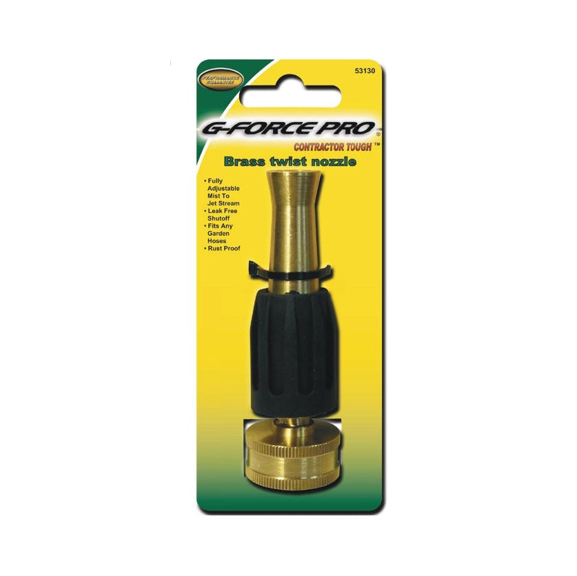 The G-FORCE 53130 4 in. Brass Hose Nozzle features a straight twist design, rubberized grip, and brass fittings. Packaged on card, it's labeled Contractor Tough with an adjustable spray and rust-proof construction for versatile use.