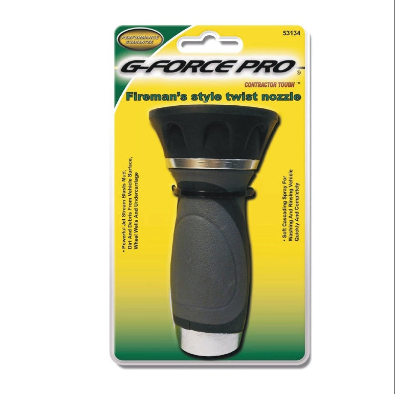 The G FORCE 53134 High Fireman's Style Twisted Hose Nozzle in black and silver comes carded on a yellow and green backing with printed details—perfect for high-pressure equipment washdown tasks.