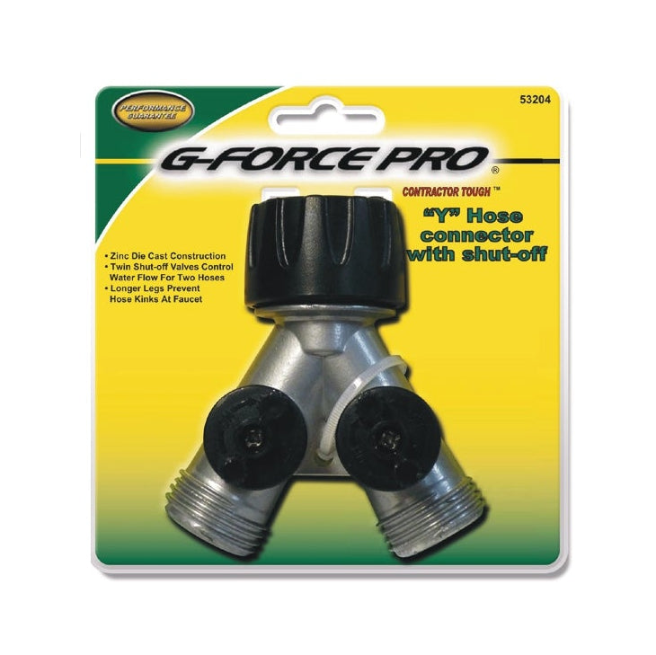 The G FORCE 53204 Heavy Duty Zinc Y Hose Connector features twin shut-off valves, black controls, and comes carded in vibrant yellow and green packaging.