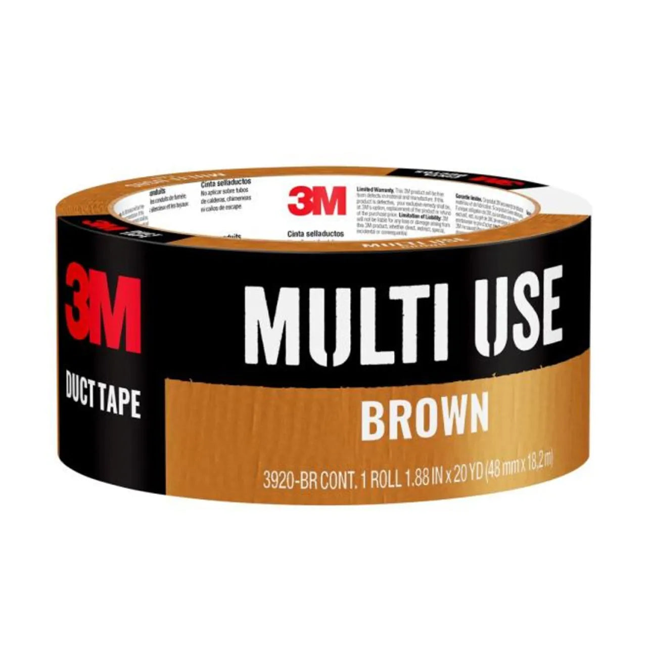 A roll of Go Build, The Fastest Way To Build 1.88 in. x 20 yds. Multi-Use Duct Tape in brown, with black, white, and brown packaging labeled “MULTI USE BROWN” and product details.