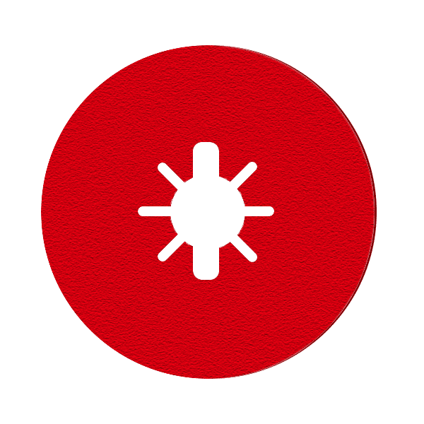 The Diablo DCF050080S04G 5 in. 80-Grit fiber discs feature a red circular shape with a central cutout like a stylized sun or cog, made from premium aluminum oxide with six short radial lines, ensuring long sanding life perfect for metalworking.