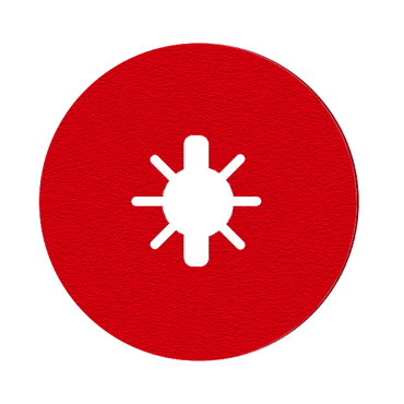 The Diablo DCF050080S04G 5 in. 80-Grit fiber discs feature a red circular shape with a central cutout like a stylized sun or cog, made from premium aluminum oxide with six short radial lines, ensuring long sanding life perfect for metalworking.