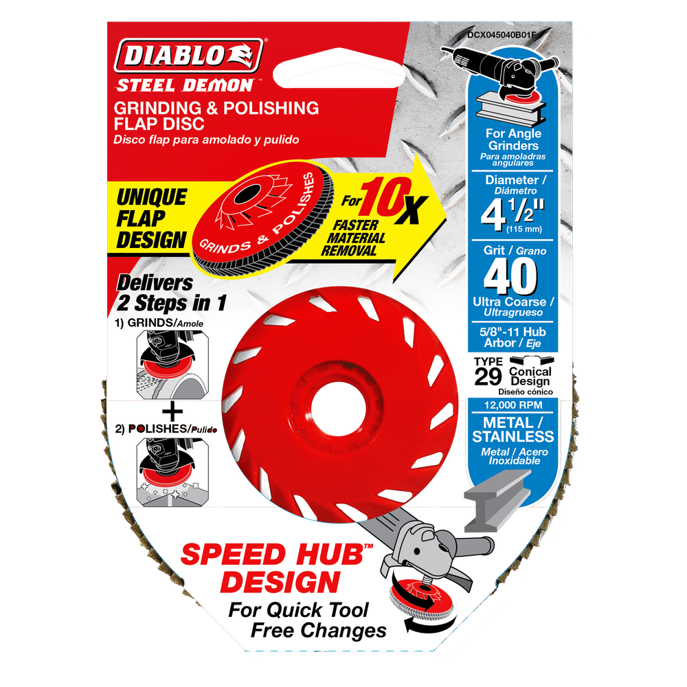 The DIABLO DCX045040B01F 4-1/2 in. 40-Grit Steel Demon™ Flap Disc packaging highlights its unique flap design and zirconium grain blend, featuring a speed hub for effortless tool-free changes. The red disc image and bold text emphasize Diablos superior capabilities for metalwork.