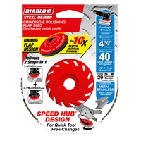 The DIABLO DCX045040B01F 4-1/2 in. 40-Grit Steel Demon™ Flap Disc packaging highlights its unique flap design and zirconium grain blend, featuring a speed hub for effortless tool-free changes. The red disc image and bold text emphasize Diablos superior capabilities for metalwork.