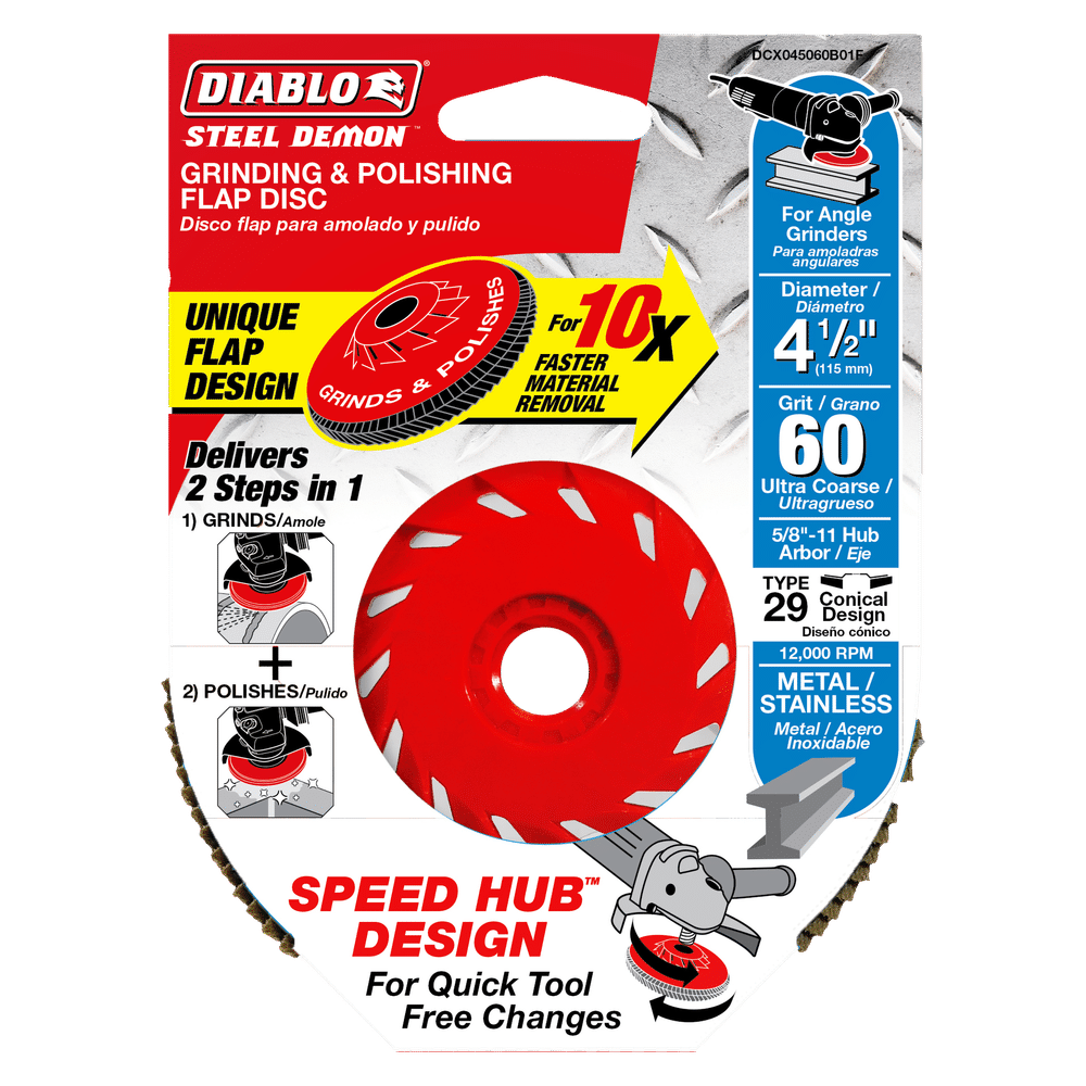 The image displays the DIABLO DCX045060B01F 4-1/2 In. 60-Grit Steel Demon™ Flap Disc for Metal with Speed Hub, showcasing an innovative zirconium grain blend. Ideal for metal and stainless steel, it ensures 10 times faster material removal, supporting up to 12,000 RPM.