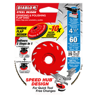 The image displays the DIABLO DCX045060B01F 4-1/2 In. 60-Grit Steel Demon™ Flap Disc for Metal with Speed Hub, showcasing an innovative zirconium grain blend. Ideal for metal and stainless steel, it ensures 10 times faster material removal, supporting up to 12,000 RPM.