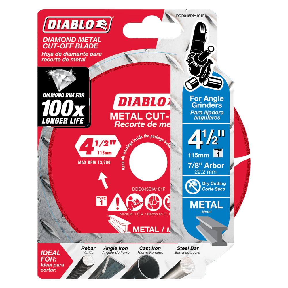 The DIABLO DDD045DIA101F 4-1/2 Diamond Metal Cut-Off Disc by Diablo features extreme durability with a 100x longer cutting life. Perfect for metal, cast iron, stainless steel, and steel bar, its designed for angle grinders with a 7/8 arbor. Made in the USA.