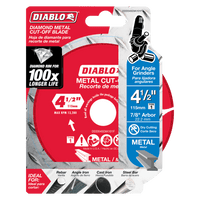The DIABLO DDD045DIA101F 4-1/2 Diamond Metal Cut-Off Disc by Diablo features extreme durability with a 100x longer cutting life. Perfect for metal, cast iron, stainless steel, and steel bar, its designed for angle grinders with a 7/8 arbor. Made in the USA.
