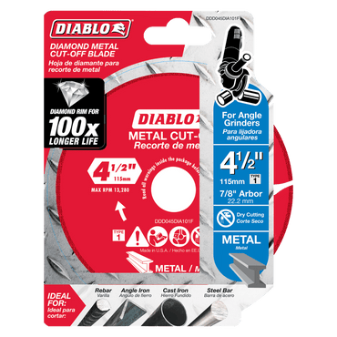 The DIABLO DDD045DIA101F 4-1/2 Diamond Metal Cut-Off Disc by Diablo features extreme durability with a 100x longer cutting life. Perfect for metal, cast iron, stainless steel, and steel bar, its designed for angle grinders with a 7/8 arbor. Made in the USA.