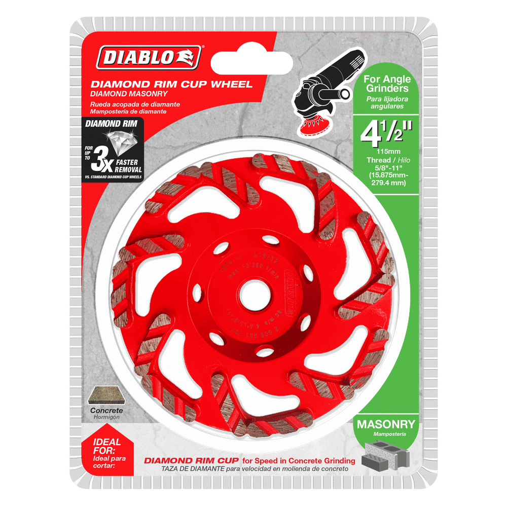 The DIABLO DMACW0450 4-1/2 in. Diamond Rim Cup Wheel for Masonry, from Diablo, is designed for angle grinders. This red wheel offers faster concrete grinding and improved dust extraction for a cleaner workspace.