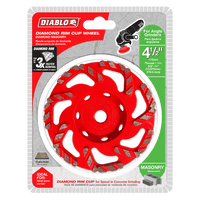 The DIABLO DMACW0450 4-1/2 in. Diamond Rim Cup Wheel for Masonry, from Diablo, is designed for angle grinders. This red wheel offers faster concrete grinding and improved dust extraction for a cleaner workspace.