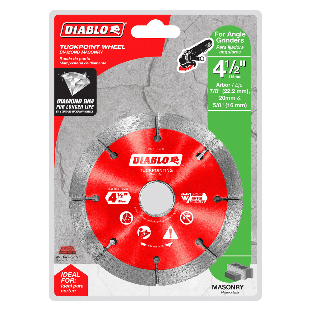 The DIABLO DMATP0450 4-1/2 Diamond Rim Tuck Point Masonry Disc by Diablo, designed for angle grinders, is packaged and ready for action. Its equipped with durable diamond blades for mortar joint removal, includes various arbor sizes, and its resilient rim ensures long-lasting performance in masonry tasks.
