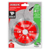 The DIABLO DMATP0450 4-1/2 Diamond Rim Tuck Point Masonry Disc by Diablo, designed for angle grinders, is packaged and ready for action. Its equipped with durable diamond blades for mortar joint removal, includes various arbor sizes, and its resilient rim ensures long-lasting performance in masonry tasks.
