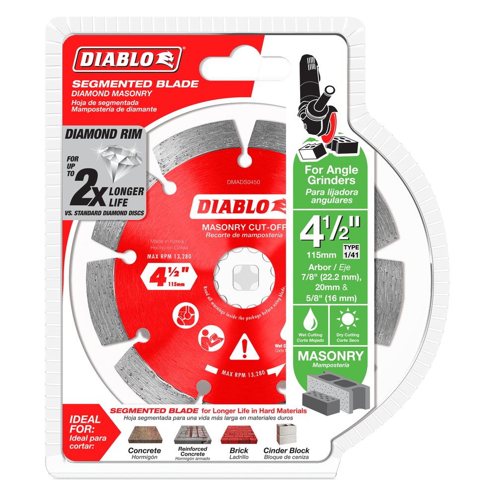 The DIABLO DMADS0450 4-1/2 in. Diamond Segmented Masonry Cut-Off Blade features an eye-catching red and white package, highlighting its industrial-grade diamond makeup. Designed for angle grinders, it offers extended cutting life in concrete and masonry, with clear usage illustrations provided.
