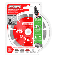 The DIABLO DMADS0450 4-1/2 in. Diamond Segmented Masonry Cut-Off Blade features an eye-catching red and white package, highlighting its industrial-grade diamond makeup. Designed for angle grinders, it offers extended cutting life in concrete and masonry, with clear usage illustrations provided.