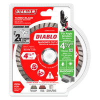 A package labeled DIABLO DMADT0450 contains a 4.5-inch diamond turbo masonry cut-off disc. The red packaging highlights features like a turbo blade, diamond rim, and enhanced durability for precise cuts on concrete, brick, and cinder block. Its designed for angle grinders by Diablo.