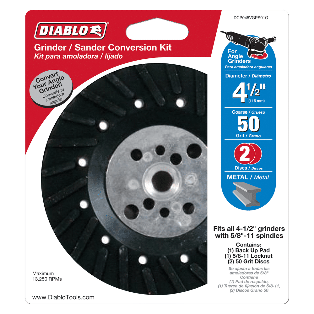 The DIABLO DCP045VGPS01G 4-1/2 in. Grinder to Sander Conversion Kit features packaging with a black disc and bold red Diablo logo. It fits 4-1/2 angle grinders, specializes in sanding metal with 50 grit fiber discs, and includes both a backup pad and fiber disc.