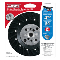 The DIABLO DCP045VGPS01G 4-1/2 in. Grinder to Sander Conversion Kit features packaging with a black disc and bold red Diablo logo. It fits 4-1/2 angle grinders, specializes in sanding metal with 50 grit fiber discs, and includes both a backup pad and fiber disc.