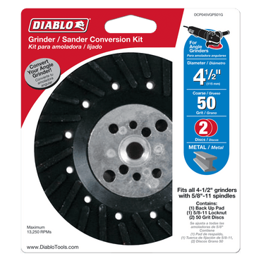 The DIABLO DCP045VGPS01G 4-1/2 in. Grinder to Sander Conversion Kit features packaging with a black disc and bold red Diablo logo. It fits 4-1/2 angle grinders, specializes in sanding metal with 50 grit fiber discs, and includes both a backup pad and fiber disc.