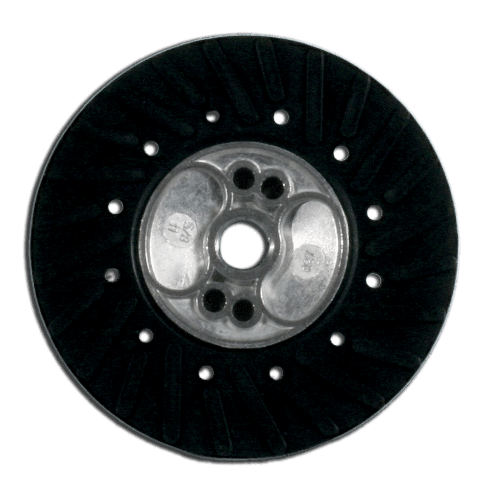 Close-up of a Diablo DCP045VGPS01G 4-1/2 in. black circular grinding pad with a metallic hub, featuring holes and grooves, perfect for sanding metal. Ideal for industrial use or converting an angle grinder to a sander with compatible fiber discs.