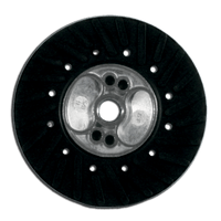 Close-up of a Diablo DCP045VGPS01G 4-1/2 in. black circular grinding pad with a metallic hub, featuring holes and grooves, perfect for sanding metal. Ideal for industrial use or converting an angle grinder to a sander with compatible fiber discs.