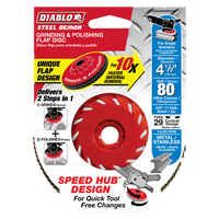 The DIABLO DCX045080B01F 4-1/2 in. 80-Grit Steel Demon™ Flap Disc for Metal with Speed Hub by Diablo features a zirconium grain blend for faster material removal, works with angle grinders, and is made from stainless steel for durability.