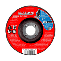 This image features the premium Diablo DBD045125701F Metal Cut-Off Disc (4-1/2 in. x 1/8 in. x 7/8 in., Type 27) for angle grinders, showcasing its vibrant red color with white text. Made with an aluminum oxide blend, it includes safety instructions and a usage diagram.