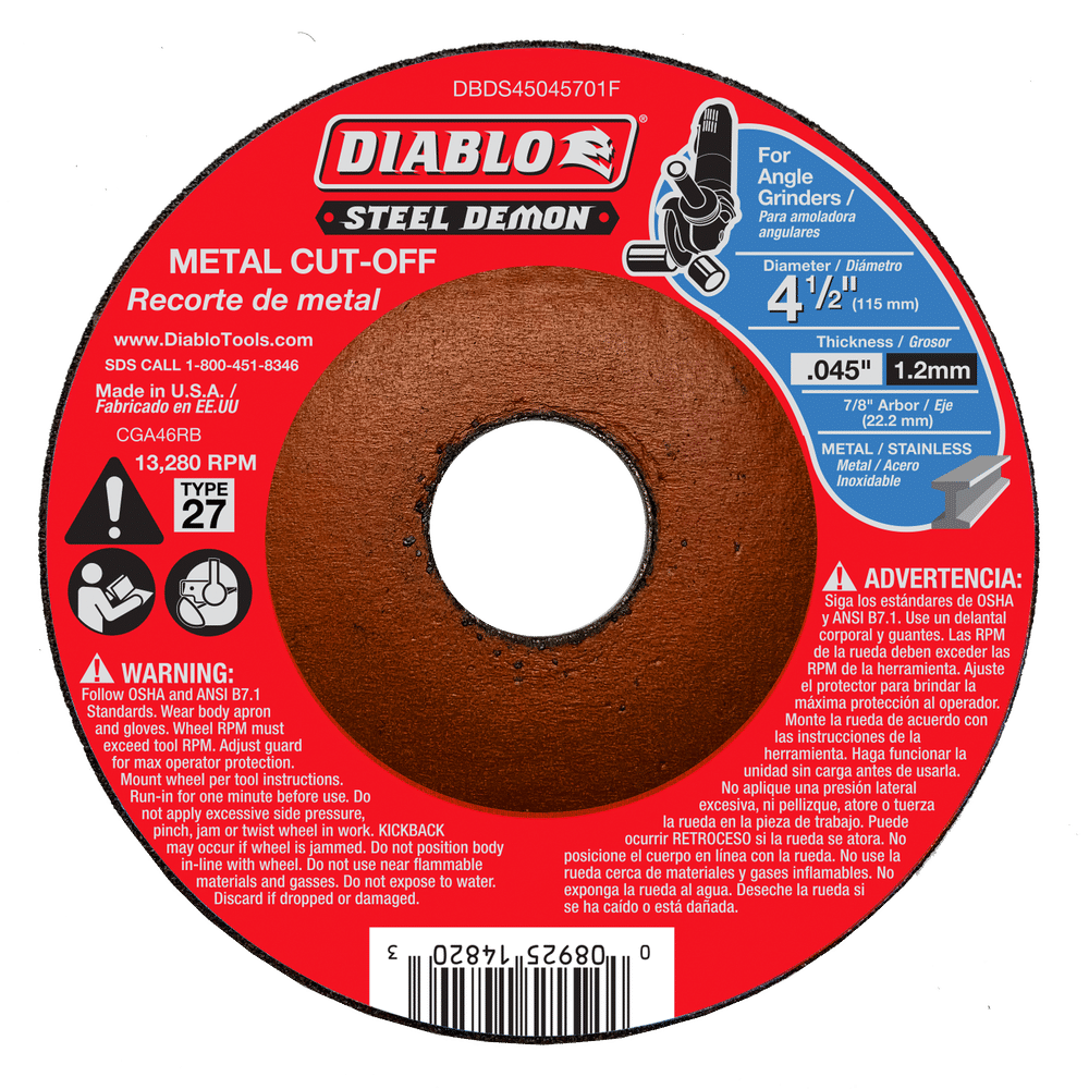 The DIABLO DBDS45045701F Steel Demon Metal Cut-Off Disc, Type 27, features a premium ceramic blend for durability. It measures 4-1/2 in. x 0.045 in. x 7/8 in., with warnings and usage info in English and Spanish, plus a contact number included.